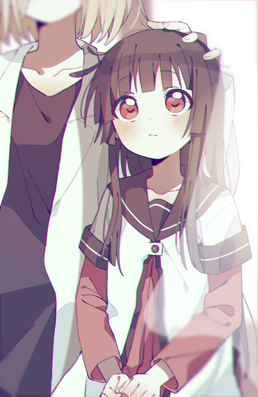2girls absurdres blonde_hair blunt_bangs blush brown_hair brown_sailor_collar chromatic_aberration closed_mouth collarbone commentary_request dress hand_on_another&#039;s_head head_out_of_frame highres iyo_69 lab_coat layered_sleeves long_hair long_sleeves matsumoto_rise multiple_girls nanamori_school_uniform nishigaki_nana orange_eyes red_dress sailor_collar sailor_dress school_uniform shirt short_over_long_sleeves short_sleeves white_shirt yuru_yuri