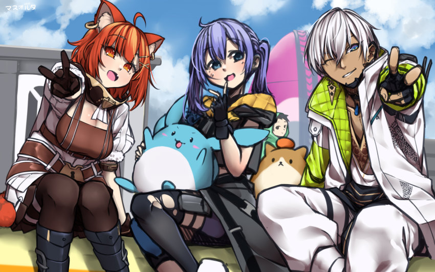2boys 2girls apex_legends black_eyes black_gloves black_hair black_jacket black_legwear blue_eyes blue_hair breasts brown_dress cleavage cloud cosplay crypto_(apex_legends) crypto_(apex_legends)_(cosplay) dark-skinned_male dark_skin dress fingerless_gloves gloves hair_behind_ear highres hood hooded_jacket ibrahim_(nijisanji) jacket jewelry looking_at_viewer masalter medium_breasts multiple_boys multiple_girls necklace nijisanji olympus_(apex_legends) one_eye_closed pants pantyhose ratna_petit silver_hair sky sleeveless sleeveless_jacket smile thighhighs twintails v virtual_youtuber white_pants yuuki_chihiro yuuki_chihiro_(10th_costume)