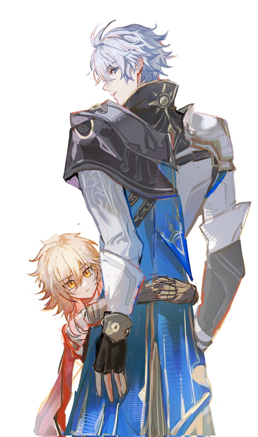 2boys aged_down antenna_hair armor bandaged_hand bandages black_gloves black_shirt blonde_hair blue_cape blue_eyes braid cape chinese_commentary coat commentary_request fingerless_gloves from_behind gloves gradient_hair hair_between_eyes highres honkai:_star_rail honkai_(series) hug looking_at_viewer looking_back male_focus medium_hair multicolored_hair multiple_boys mydei_(honkai:_star_rail) pauldrons phainon_(honkai:_star_rail) qiaose33912 red_hair shirt short_hair shoulder_armor side_braid side_cape simple_background single_pauldron white_background white_coat white_hair yellow_eyes