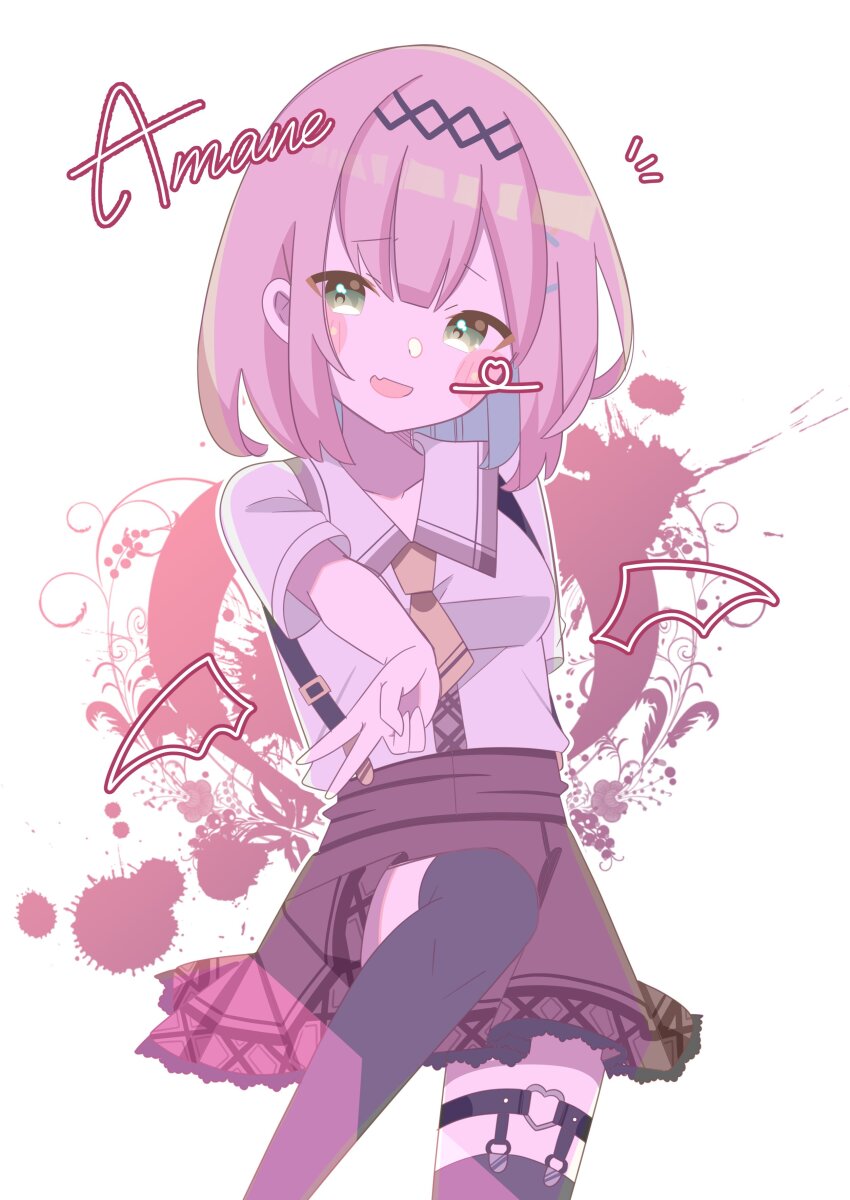 1girl 9ra4ki33 :d absurdres black_hairband black_thighhighs blunt_bangs blush_stickers bob_cut brown_skirt character_name collared_shirt commentary_request fang green_eyes hairband heart heart_o-ring heart_of_string high-waist_skirt highres looking_at_viewer medium_hair mizuka_academy_school_uniform necktie notice_lines o-ring o-ring_thigh_strap open_mouth school_uniform shirt short_necktie short_sleeves skin_fang skirt smile solo straight_hair suspender_skirt suspenders tanikaze_amane tenshi_souzou_re-boot! thigh_strap thighhighs v white_shirt yellow_necktie zettai_ryouiki