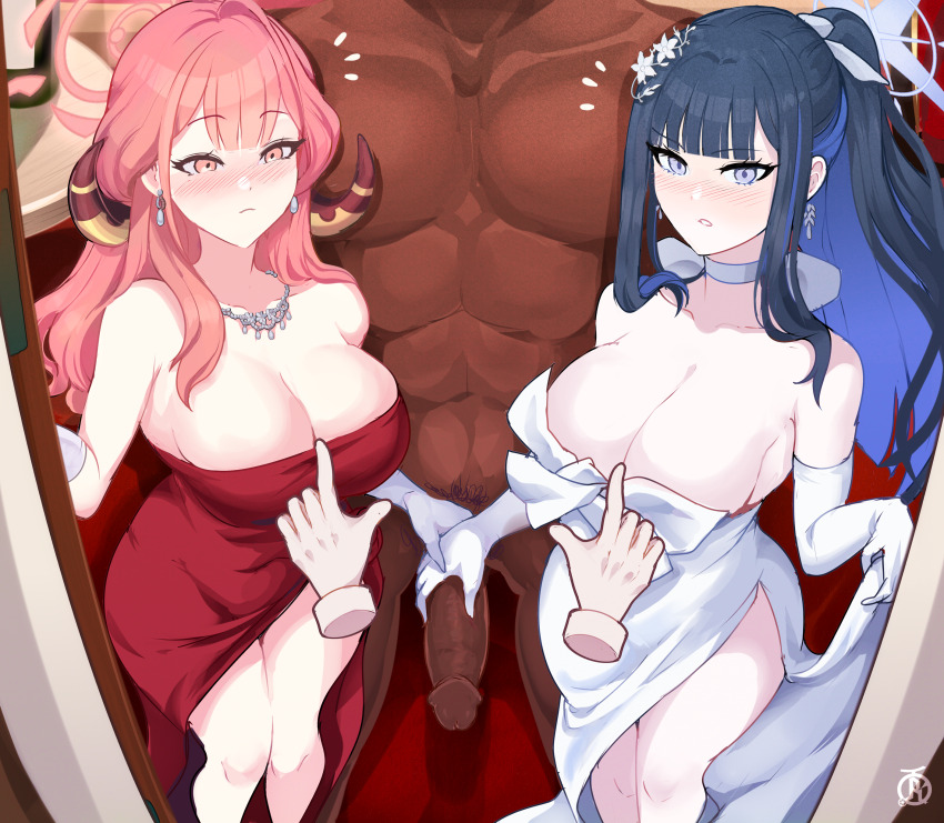 1boy 2girls absurdres aru_(blue_archive) aru_(dress)_(blue_archive) assisted_exposure bare_shoulders black_hair blue_archive blue_hair blue_halo breasts cleavage clothed_female_nude_male commentary cowboy_shot dark-skinned_male dark_skin disembodied_hand door dress elbow_gloves english_commentary gloves halo hetero high_ponytail highres interracial large_breasts long_hair looking_at_viewer multicolored_hair multiple_girls netorare nude penis_grab pink_hair ponytail pov red_dress red_halo revolverwing saori_(blue_archive) saori_(dress)_(blue_archive) strapless strapless_dress surprised two-tone_hair white_dress white_gloves