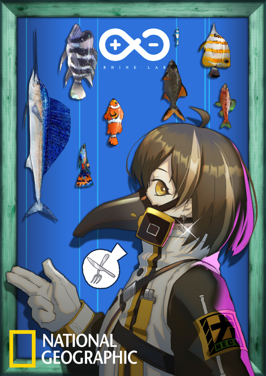 1girl absurdres anchor_earrings arknights brown_hair clownfish earrings female_focus fish gloves grey_gloves highres jewelry lanyaojun magallan_(arknights) medium_hair national_geographic original plague_doctor_mask single_earring solo sparkle swordfish yellow_eyes