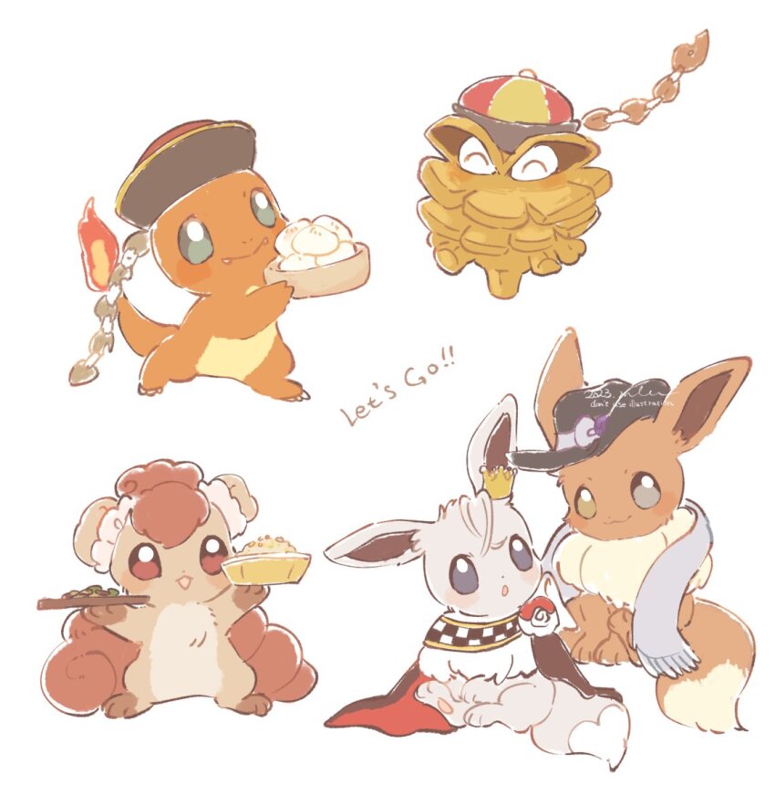 blush brown_eyes charmander crown dated eevee fangs food full_body gen_1_pokemon gen_2_pokemon green_eyes hat mkt_(buizu-miki) nintendo no_humans open_mouth pineco pokemon pokemon_(creature) scarf simple_background smile steamed_bun vulpix white_background