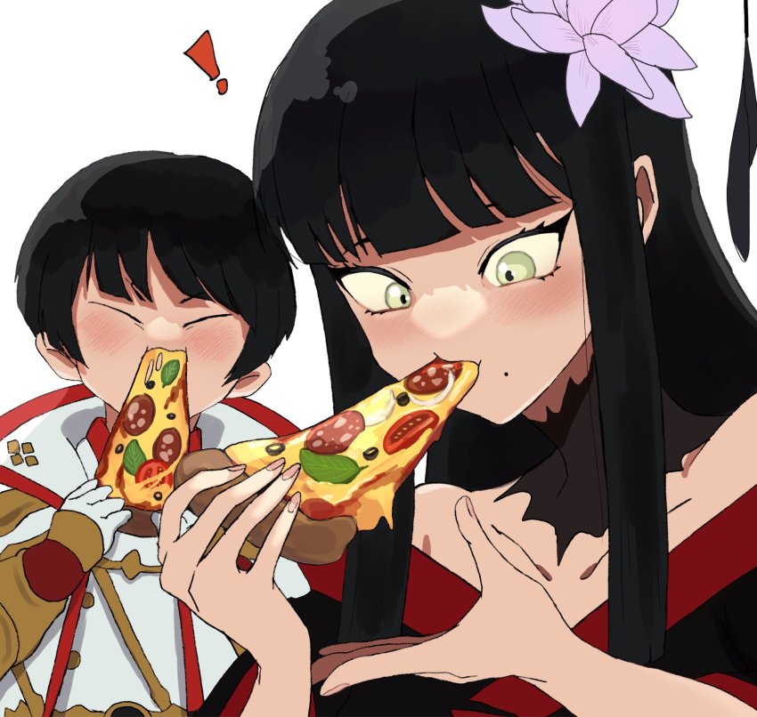 ! 1boy 1girl asahi_sas_brutus black_collar black_hair black_kimono blunt_bangs brother_and_sister closed_eyes collar collarbone commentary eating final_fantasy final_fantasy_xiv flower food food_in_mouth glaa_da gloves green_eyes hair_flower hair_ornament hands_up highres holding holding_food holding_pizza hyur jacket japanese_clothes kimono lace_collar long_hair mole mole_under_mouth off_shoulder pizza pizza_slice portrait short_hair siblings sidelocks simple_background straight_hair symbol-only_commentary white_background white_gloves white_jacket wide-eyed yotsuyu_goe_brutus