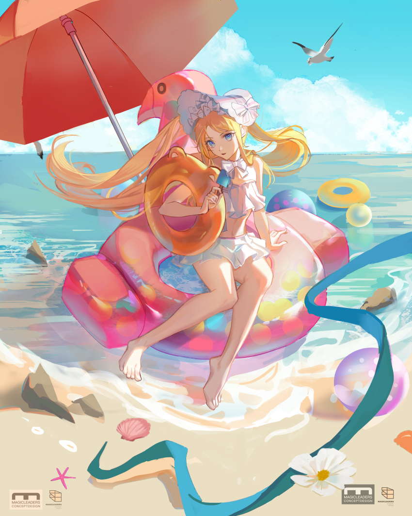 1girl abigail_williams_(fate) absurdres aikou_echo ball bare_legs barefoot beach beach_umbrella beachball bird blonde_hair blue_eyes blue_sky bonnet bow bowtie chinese_commentary cloud commentary fate/grand_order fate_(series) flamingo_innertube floating_hair flower foaming_waves food forehead frilled_bonnet frills full_body highres holding holding_food holding_popsicle holding_swim_ring innertube innertube_with_ears linea_alba long_hair looking_at_viewer magicleaders ocean open_mouth orange_innertube orange_umbrella outdoors parted_bangs petite pink_innertube popsicle rock sand seagull shell sky smile solo starfish swim_ring swimsuit toes twintails umbrella very_long_hair white_bonnet white_bow white_bowtie white_flower