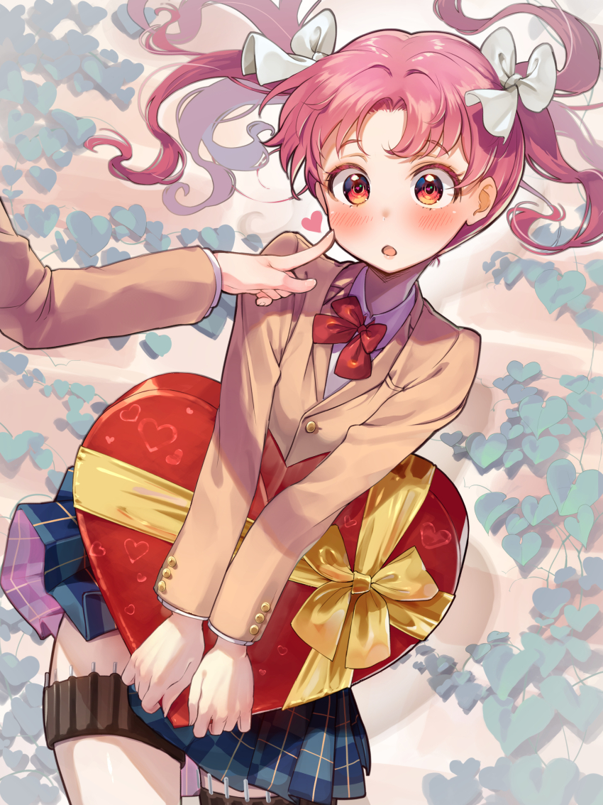 2girls absurdres blazer blush bow bowtie box box_of_chocolates brown_eyes brown_hair brown_jacket cheek_poking collared_shirt hair_bow heart-shaped_box highres holster jacket long_hair long_sleeves misaka_mikoto multiple_girls needle open_mouth plaid_clothes plaid_skirt poking red_bow red_bowtie school_uniform shirai_kuroko shirt simple_background skirt surprised thigh_holster throwing_needles toaru_kagaku_no_railgun toaru_majutsu_no_index tokiwadai_school_uniform twintails white_day white_shirt winter_uniform yonabe yuri