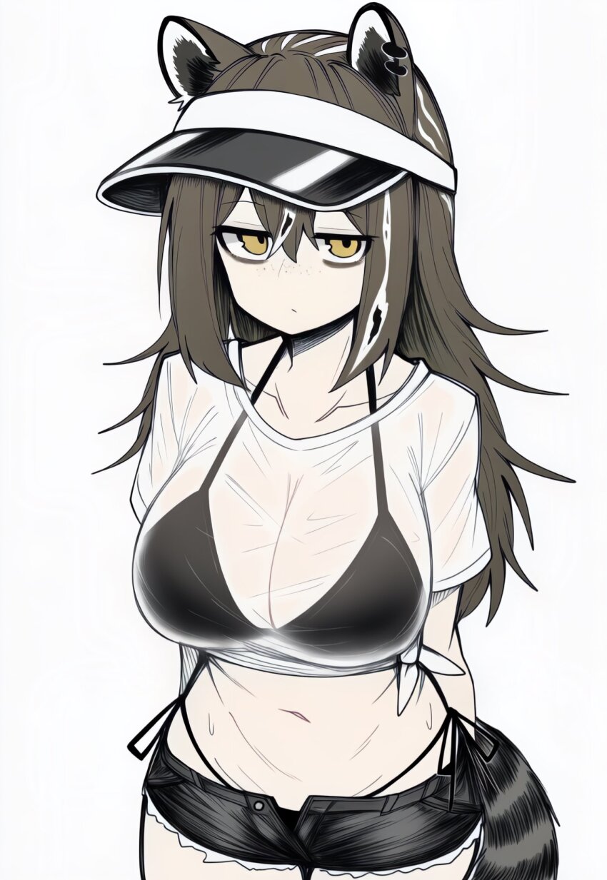1girl alternate_costume animal_ear_piercing animal_ears arknights arms_behind_back bags_under_eyes bikini black_bikini black_hair black_shorts black_tail breasts brown_hair cleavage closed_mouth collarbone commentary cowboy_shot crop_top freckles hair_between_eyes highres large_breasts long_hair looking_at_viewer makigirisu micro_shorts midriff multicolored_hair navel open_fly robin_(arknights) see-through_clothes see-through_shirt shirt short_sleeves shorts side-tie_bikini_bottom simple_background solo standing staring streaked_hair swimsuit t-shirt tail tied_shirt visor_cap whale_tail_(clothing) white_background white_hair white_shirt yellow_eyes