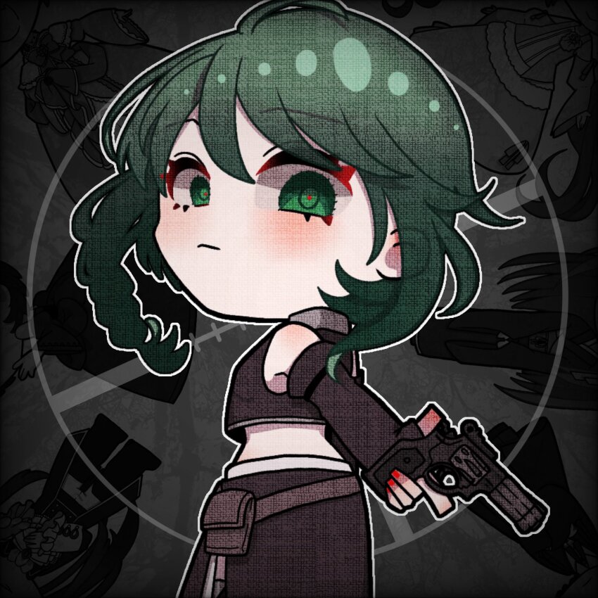 1girl bare_shoulders braid chibi collared_jacket crop_top detached_sleeves elbow_gloves empty_eyes erifura evillious_nendaiki fingerless_gloves gloves green_eyes green_hair grey_gloves grey_skirt grey_sleeves gumi gun halftone handgun highres holding holding_gun holding_weapon jacket long_skirt looking_back midriff narrow_waist nemesis_no_juukou_(vocaloid) nemesis_sudou red_nails red_pupils revolver side_braid skirt solo turning_head vocaloid wavy_hair weapon