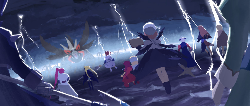3boys 6+girls arf blonde_hair character_request chrono_harlaown dutch_angle fate_testarossa fingerless_gloves from_behind gloves highres lightning lyrical_nanoha mahou_shoujo_lyrical_nanoha multiple_boys multiple_girls naganegi_sinsen pink_hair ponytail short_hair short_twintails signum takamachi_nanoha twintails vita_(nanoha) wings yagami_hayate yuuno_scrya