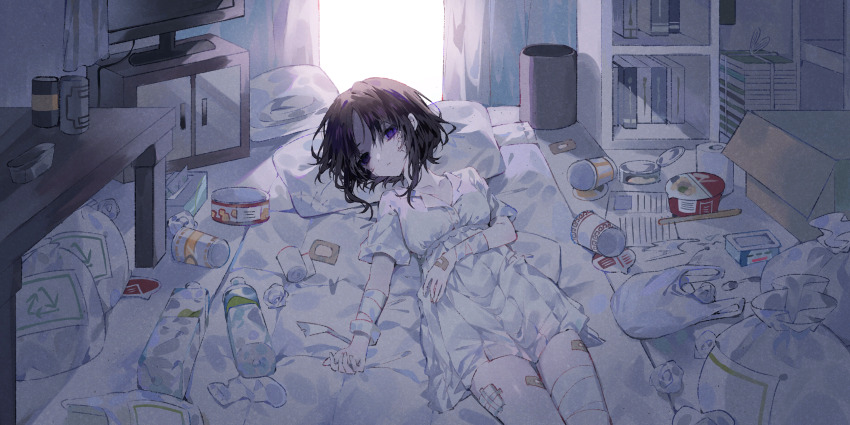 1girl absurdres bandaged_arm bandaged_leg bandages bandaid bandaid_on_leg black_hair book bottle box breasts can cardboard_box collarbone cowboy_shot curtains dress drink_can film_grain futon game_cg gauze hand_on_own_stomach highres housho_margo indoors looking_at_viewer lying mahou_shoujo_no_majo_saiban medium_breasts messy_room monitor non-web_source official_art on_back parted_bangs pillow purple_eyes short_hair short_sleeves solo spoilers television trash trash_bag trash_can umemaro_(siona0908) white_dress window
