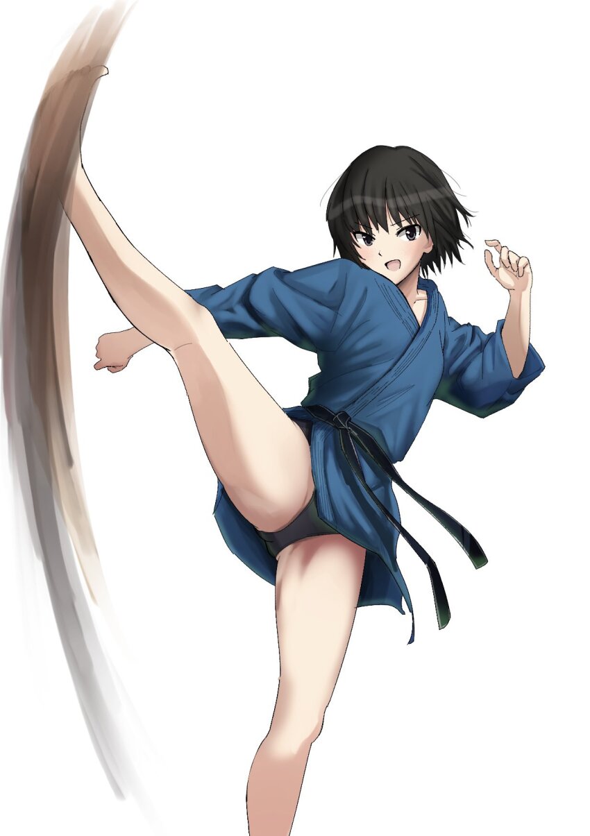 1girl amagami barefoot black_eyes black_hair black_panties blue_kimono dougi fighting_stance gluteal_fold gyuunyuu_pack_(tanaka) high_kick highres japanese_clothes judo kicking kimono leg_up long_sleeves looking_at_viewer motion_lines nanasaki_ai open_mouth panties pantyshot short_hair short_kimono solo speed_lines split standing standing_on_one_leg standing_split thighs underwear