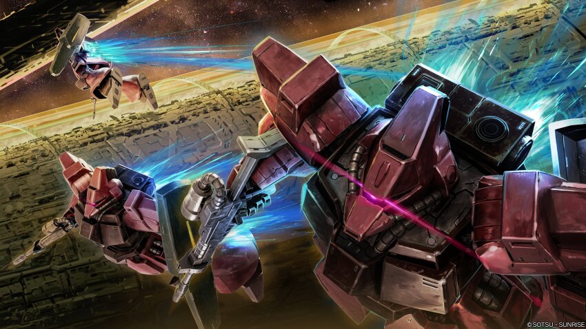 absurdres army beam_rifle cable energy_gun fake_screenshot galbaldy_beta glowing glowing_eye gundam gundam_battle_operation_2 highres lens_flare machinery mecha mecha_focus mobile_suit no_humans o&#039;neill_cylinder official_art one-eyed painting_(medium) realistic robot scan science_fiction shield space_habitat sunrise_(company) tenjin_hidetaka thrusters titans_(gundam) traditional_media weapon zeta_gundam