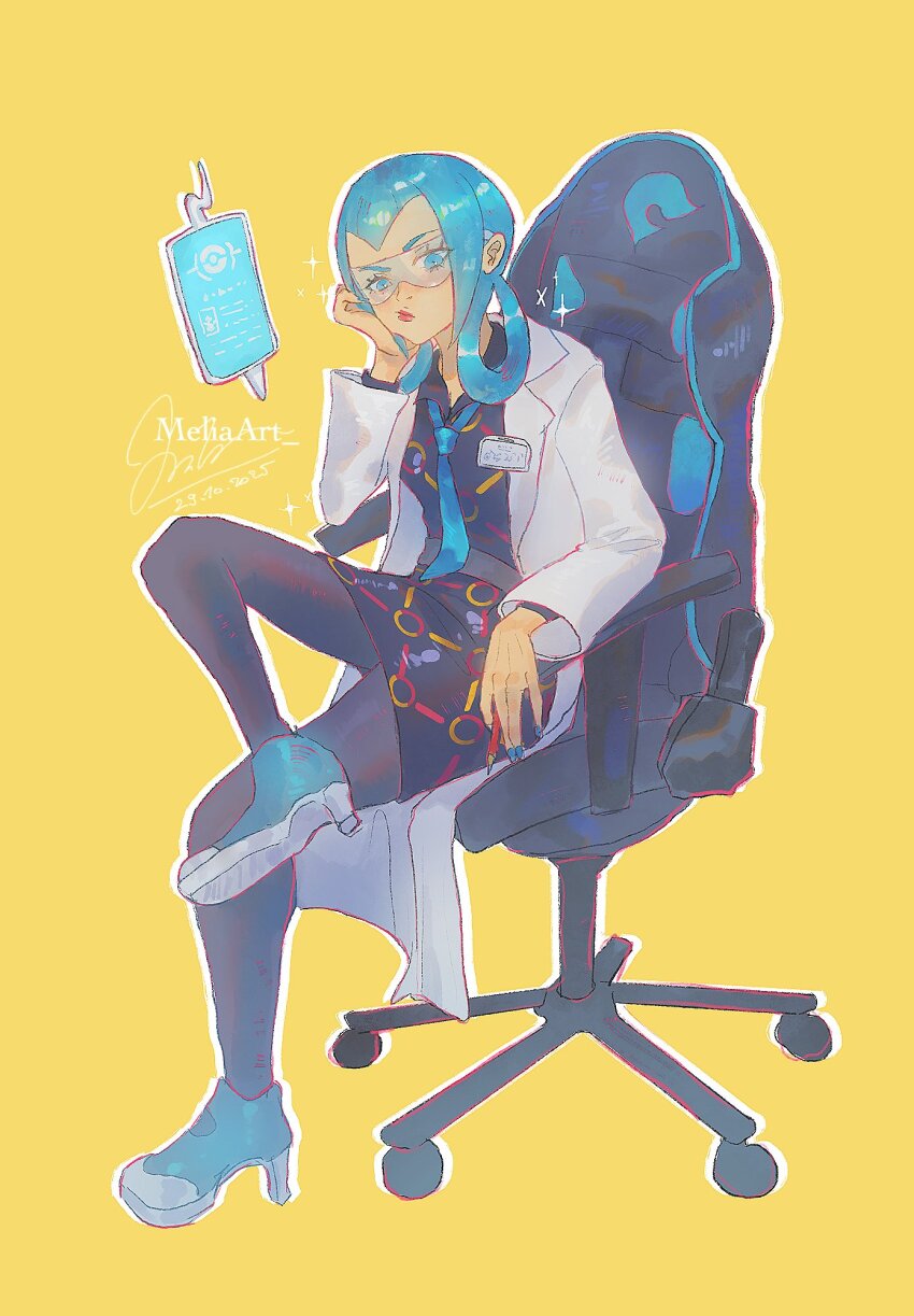 1girl black_dress blue-tinted_eyewear blue_eyes blue_hair blue_nails blue_necktie breasts chair closed_mouth coat crossed_legs dress gaming_chair gen_4_pokemon glasses hair_rings head_rest high_heels highres holding holding_pencil lab_coat lipstick long_hair long_sleeves mable_(pokemon) makeup melia_art necktie nintendo on_chair open_clothes open_coat pantyhose pencil pokemon pokemon_legends:_z-a red_lips rotom rotom_phone safety_glasses simple_background sitting swivel_chair tablet_pc tinted_eyewear white_coat yellow_background