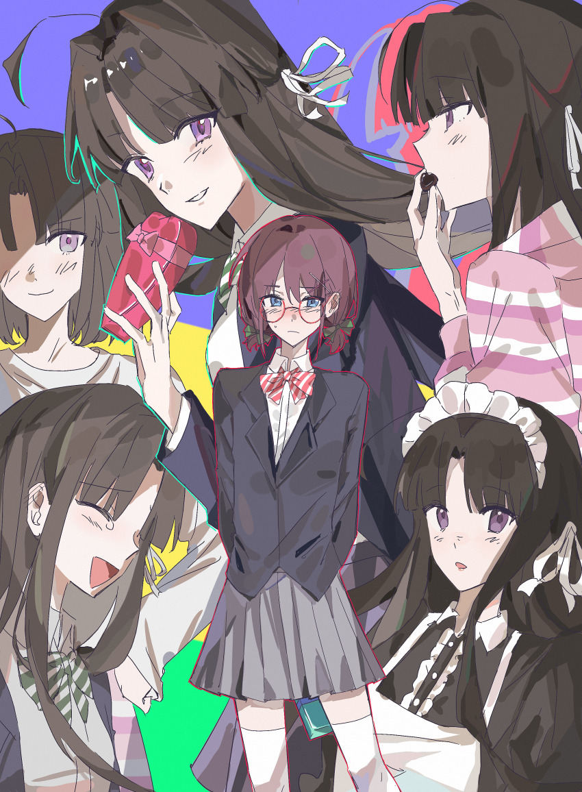 2girls absurdres awa_subaru black_dress black_hair black_jacket blush bow bowtie box chinese_commentary collared_shirt commentary_request diagonal-striped_bow diagonal-striped_bowtie diagonal-striped_clothes dress dress_shirt girls_band_cry green_bow green_bowtie grey_skirt hair_ornament hair_ribbon heart-shaped_box highres iseri_nina jacket long_hair maid maid_headdress multiple_girls multiple_views official_alternate_hair_length official_alternate_hairstyle open_mouth pink_jacket pleated_skirt purple_background purple_eyes qiansefeihe red_bow red_bowtie ribbon school_uniform shirt sidelocks skirt striped_clothes sweatdrop thighhighs valentine white_ribbon white_shirt white_thighhighs x_hair_ornament