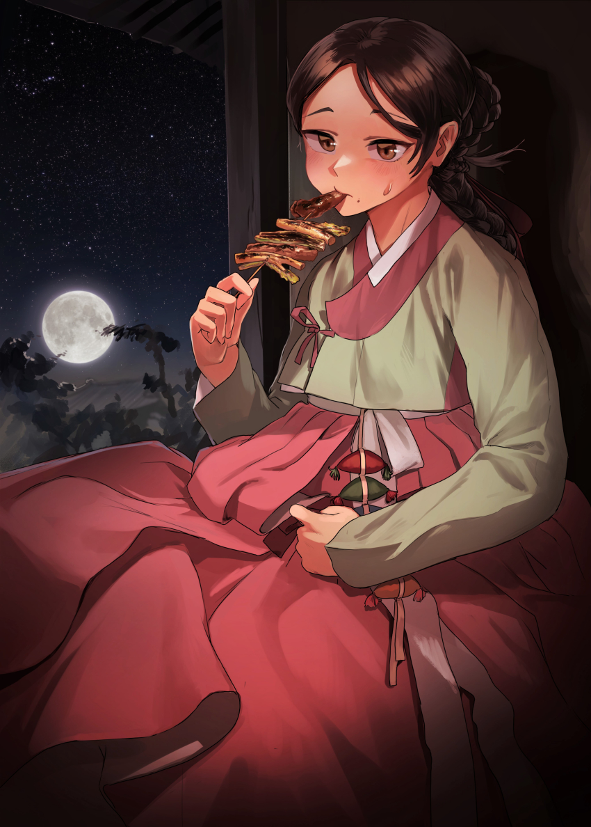 1girl absurdres blush braid brown_eyes brown_hair check_copyright copyright_request eating folded_braid food food_on_face food_request full_moon geumsu hair_ribbon highres holding holding_food holding_skewer korean_clothes korean_commentary long_sleeves looking_at_viewer moon night night_sky original outdoors porch pouch red_ribbon ribbon sitting skewer sky solo star_(sky) starry_sky sweat tree veranda