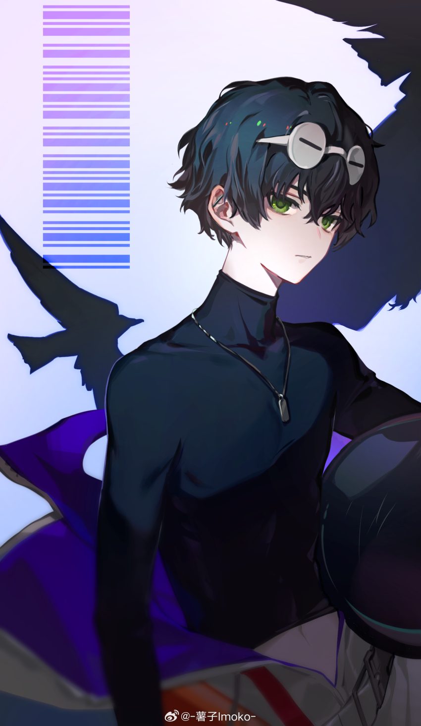 1boy absurdres barcode bird black_hair black_shirt chinese_commentary closed_mouth commentary dog_tags english_commentary expressionless eyewear_on_head girls&#039;_frontline girls&#039;_frontline_neural_cloud green_eyes highres imoko_(imonatsuki) looking_at_viewer mixed-language_commentary navel shirt short_hair simple_background solo sueyoi_(neural_cloud) watermark weibo_watermark