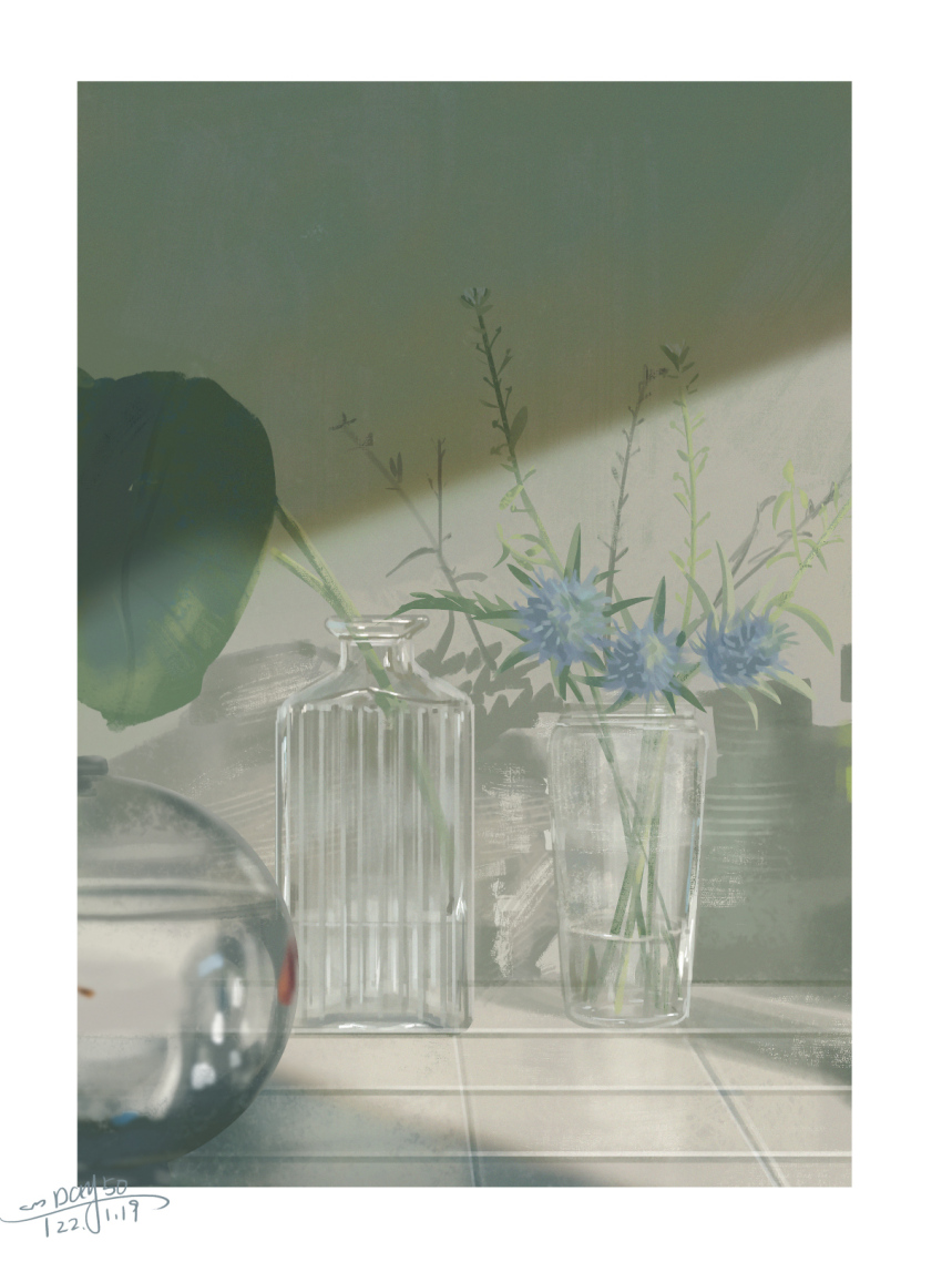 blue_flower border dated flower glass_bottle highres indoors no_humans object_focus original plant potted_plant sanshui_guantang signature sunlight table tile_floor tiles water white_border