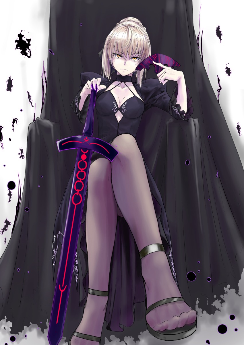 1girl artoria_pendragon_(fate) black_dress black_pantyhose blonde_hair braid breasts choker crossed_legs dress excalibur_morgan_(fate) fate/stay_night fate_(series) female_focus french_braid frown hair_bun hand_on_hilt highres holding holding_mask juliet_sleeves long_sleeves looking_at_viewer mask medium_breasts nib_pen_(medium) pantyhose pen_(medium) puffy_sleeves saber_alter saber_alter_(first_ascension) saber_alter_(third_ascension) shoes short_hair single_hair_bun sitting solo sword throne traditional_media unworn_mask weapon yellow_eyes zooanime