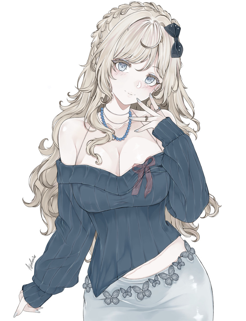 1girl apolonia-07 bare_shoulders blonde_hair blue_eyes blush breasts danganronpa_(series) fingernails hair_ornament highres ibispaint_(medium) jewelry large_breasts long_hair long_sleeves looking_at_viewer off-shoulder_sweater off_shoulder open_mouth simple_background smile sonia_nevermind sweater white_background