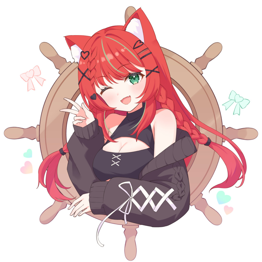 1girl animal_ear_fluff animal_ears black_jacket braid breasts cat_ears character_request cleavage cleavage_cutout clothing_cutout fang furutori green_eyes green_hair hair_ornament hair_scrunchie hairclip heart heart_hair_ornament highres indie_virtual_youtuber jacket long_hair long_sleeves looking_at_viewer medium_breasts multicolored_hair one_eye_closed open_clothes open_jacket open_mouth red_hair scrunchie simple_background skin_fang smile solo steering_wheel streaked_hair twin_braids twintails upper_body v virtual_youtuber white_background x_hair_ornament