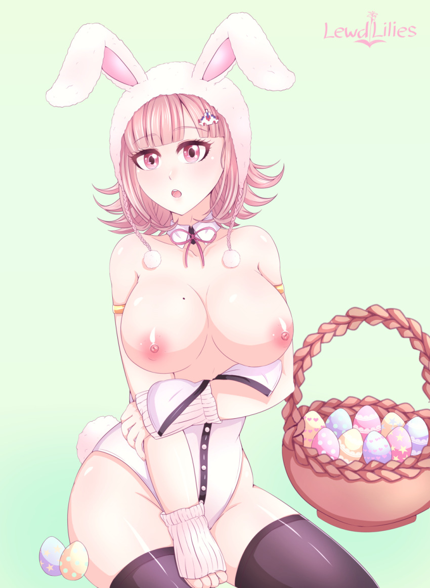 1girl arm_warmers artist_name black_thighhighs bow breasts danganronpa_(series) danganronpa_2:_goodbye_despair easter easter_egg egg female_focus galaga galaga_hair_ornament gradient_background green_background highres large_breasts leotard lewdlilies matching_hair/eyes mole mole_on_breast nanami_chiaki nipples open_mouth pink_bow pink_eyes pink_hair pink_ribbon playboy_bunny rabbit_ears ribbon signature simple_background solo solo_focus teeth thighhighs tongue upper_teeth_only