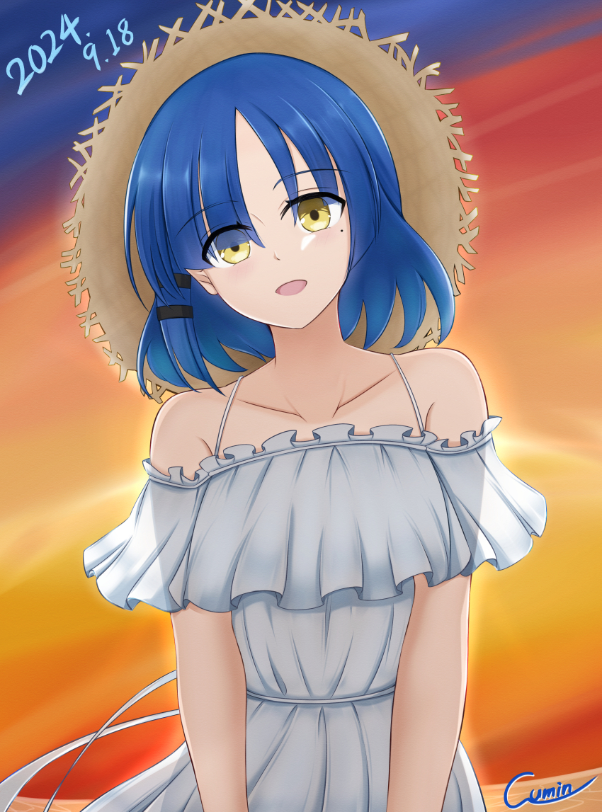 1girl :d absurdres artist_name blue_hair bocchi_the_rock! collarbone cowboy_shot dated dress hair_over_eyes hat highres looking_at_viewer mole mole_under_eye open_mouth orange_sky outdoors short_hair sky sleeveless sleeveless_dress smile solo standing sun_hat takumitu_711 white_dress yamada_ryo yellow_eyes