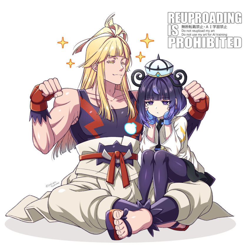 1boy 1girl bare_shoulders black_skirt blonde_hair blue_gloves brother_and_sister closed_eyes closed_mouth collarbone colored_eyelashes commentary_request fingerless_gloves gloves grey_pants gwynn_(pokemon) hands_up highres ivor_(pokemon) jacket long_hair long_sleeves nintendo pants pantyhose pokemon pokemon_legends:_z-a purple_eyes purple_hair purple_pantyhose purple_sandals purple_tank_top red_gloves sakura_tsubame sandals shadow siblings simple_background skirt smile tank_top thick_eyebrows very_long_hair watermark white_background white_jacket zouri