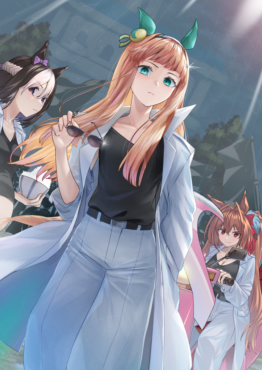 3girls animal_ears antenna_hair belt big_belly black_belt black_hair black_shirt blunt_bangs blush bousouzoku bow bowl braid brown_hair closed_mouth coat collarbone collared_coat daiwa_scarlet_(umamusume) delinquent dutch_angle ear_bow ear_covers eyelashes unworn_eyewear food glint green_eyes hair_bow hair_intakes hair_ornament hairband hand_in_pocket hand_up high_collar highres holding holding_bowl holding_removed_eyewear horse_ears horse_girl light_rays long_hair long_sleeves looking_at_viewer making-of_available motor_vehicle multicolored_hair multiple_girls nabe_puyo open_clothes open_coat orange_hair outdoors pants purple_bow purple_eyes red_bow red_eyes rice riding scooter shirt shirt_tucked_in short_hair sidelocks silence_suzuka_(umamusume) single_braid sitting smile special_week_(umamusume) standing sunglasses twintails two-tone_hair umamusume umayuru v-shaped_eyebrows very_long_hair white_coat white_hair white_hairband white_pants window