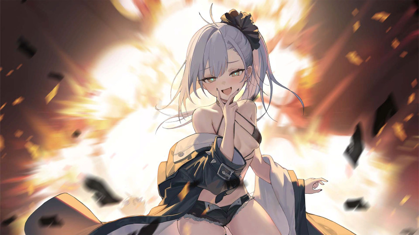 1girl aged_up ahoge antenna_hair artist_request asymmetrical_bangs azur_lane bad_end bare_shoulders belt belt_buckle bikini black_belt black_bikini black_jacket black_nails black_scrunchie black_shorts blurry blurry_background blush breasts bright_pupils buckle collarbone cowboy_shot criss-cross_halter cutoffs debris denim denim_shorts depth_of_field explosion explosion_background fang grey_hair hair_between_eyes hair_ornament hair_scrunchie half-closed_eyes halterneck hand_to_own_mouth hand_up highres jacket long_hair long_sleeves looking_at_viewer medium_breasts mesugaki micro_shorts nail_polish navel non-web_source oceana_(azur_lane) off_shoulder official_art open_clothes open_fly open_jacket open_mouth ponytail scrunchie shorts side_ponytail siren_(azur_lane) skin_fang smile smug solo standing swimsuit thighs tongue v v_over_mouth yellow_eyes