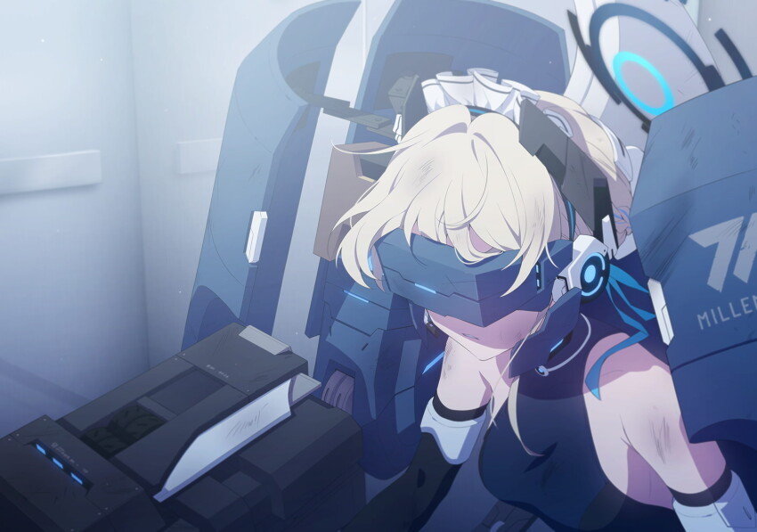 1girl bare_shoulders blonde_hair blue_archive blue_leotard clenched_teeth game_cg hair_bun head-mounted_display highres leotard maid_headdress mecha_pilot_suit non-web_source official_alternate_costume official_art shaded_face solo spoilers teeth toki_(abi-eshuh)_(blue_archive) toki_(blue_archive)