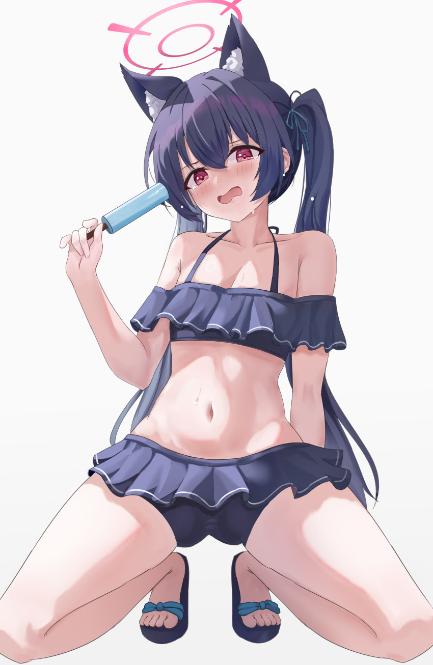 1girl absurdres animal_ear_fluff animal_ears arm_at_side bare_shoulders bikini black_bikini black_hair blue_archive blue_ribbon blush breasts cat_ears cat_girl chinese_commentary cleavage collarbone commentary_request extra_ears food frilled_bikini frills full_body gluteal_fold hair_between_eyes hair_ribbon halo halterneck hand_up highres holding holding_food holding_popsicle kneeling long_hair looking_at_viewer mixian navel off-shoulder_bikini off_shoulder official_alternate_costume open_mouth pink_halo popsicle red_eyes ribbon sandals serika_(blue_archive) serika_(swimsuit)_(blue_archive) simple_background small_breasts solo stomach straight_hair sweat swimsuit tearing_up tears thighs tiptoes toes twintails very_long_hair wavy_mouth white_background