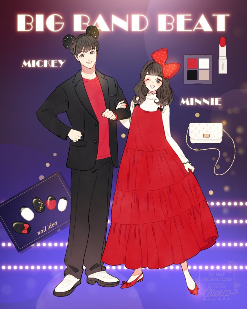 1boy 1girl animification bow character_name copyright_name disneyland dress fox_girl hair_bow happy highres humanization long_hair looking_at_viewer meecosme mickey_mouse mickey_mouse_&amp;_friends minnie_mouse open_mouth shirt short_hair smile