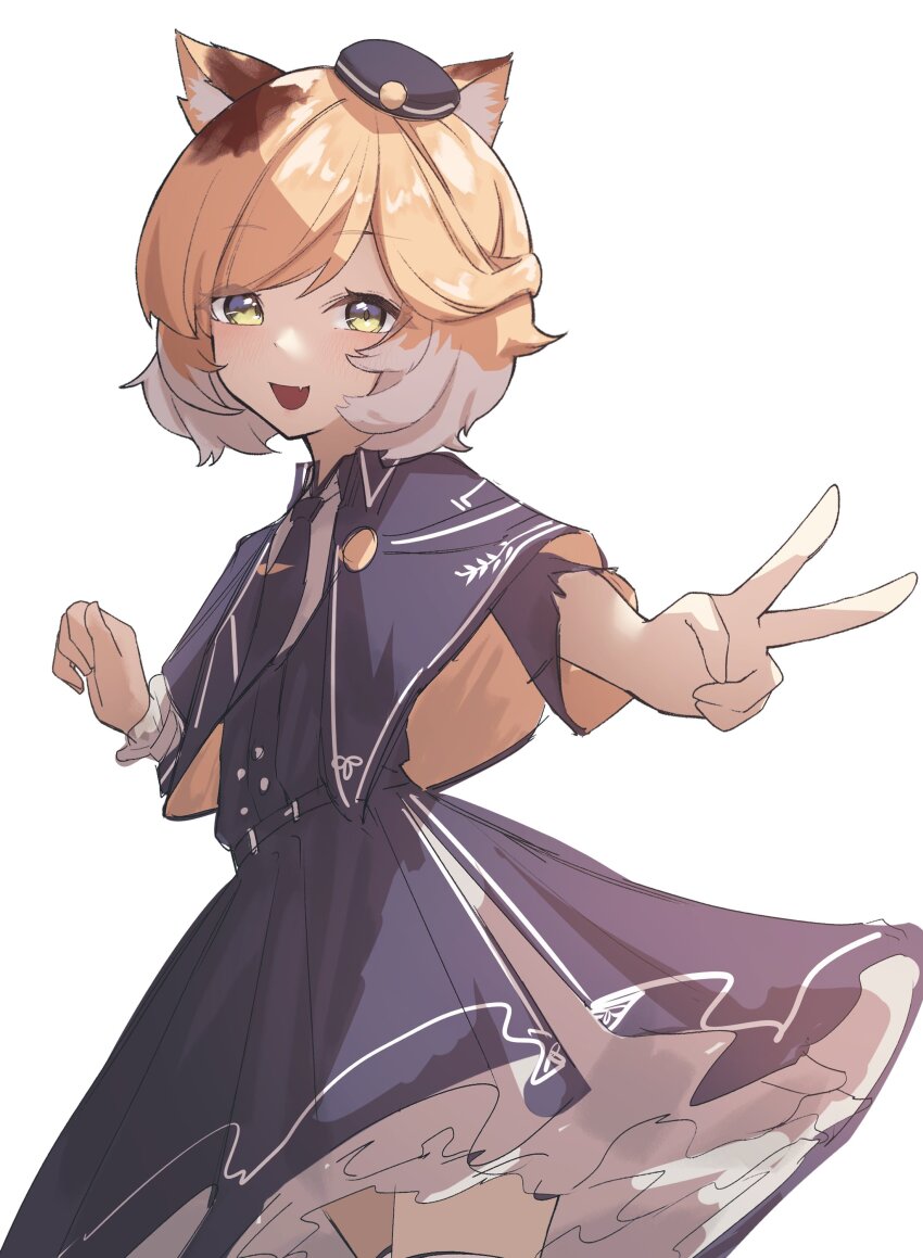 1girl absurdres animal_ear_fluff animal_ears arknights beret black_capelet black_dress black_eyes black_necktie blonde_hair capelet commentary commission cowboy_shot dress green_eyes hat highres light_blush looking_at_viewer mini_hat mousse_(arknights) multicolored_eyes multicolored_hair necktie outstretched_arm short_hair simple_background solo standing two-tone_eyes two-tone_hair v white_background white_hair worimehl