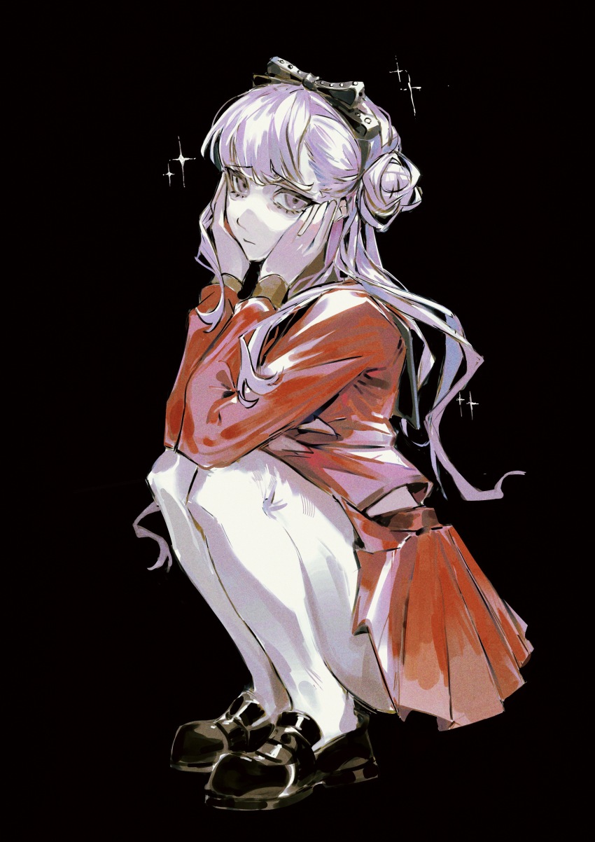 1girl absurdres black_background black_bow black_hairband black_shoes bow bow_hairband commentary hair_bun hairband hands_on_own_face hands_up highres long_hair pink_eyes pink_hair pleated_skirt red_shirt red_skirt shirt shoes simple_background skirt solo sparkle squatting symbol-only_commentary the_hundred_line_-last_defense_academy- tsukumo_kako voltmeter_f