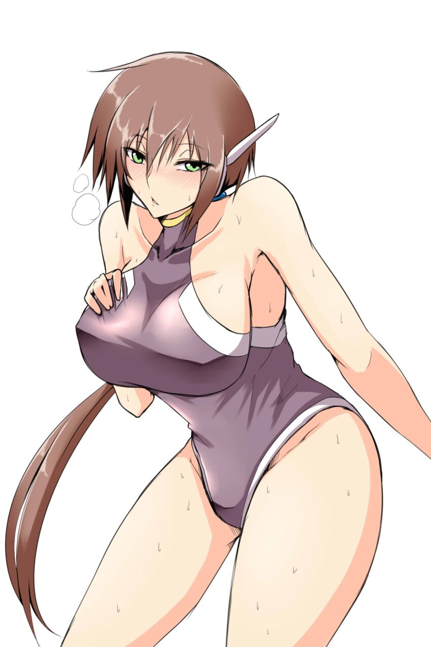1girl aile_(mega_man_zx) blush breasts brown_hair commentary_request green_eyes groin highres large_breasts long_hair looking_at_viewer mega_man_(series) mega_man_zx mega_man_zx_advent open_mouth ponytail robot_ears simple_background solo sweat tgxx3300 white_background