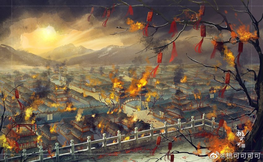 architecture bare_tree black_clouds branch building burning burning_building east_asian_architecture fence fire from_above gate leaf maple_leaf mountain original plaque sky smoke streamers tao_kekekeke town tree wall yellow_sky