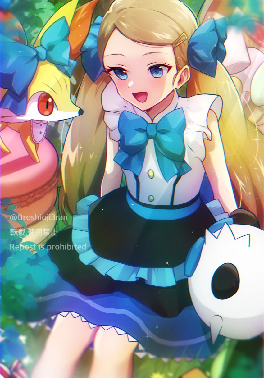 0roshioji3ran 1girl :d black_skirt blonde_hair blue_bow blue_bowtie blue_eyes blue_ribbon blurry bow bowtie buttons commentary_request eyelashes fennekin game_freak gen_6_pokemon hair_ornament hair_ribbon hairclip happy highres long_hair nintendo open_mouth pancham pokemon pokemon_(anime) pokemon_(creature) pokemon_xy_(anime) ribbon serena_(pokemon) shirt skirt sleeveless sleeveless_shirt smile twintails twitter_username watermark white_shirt