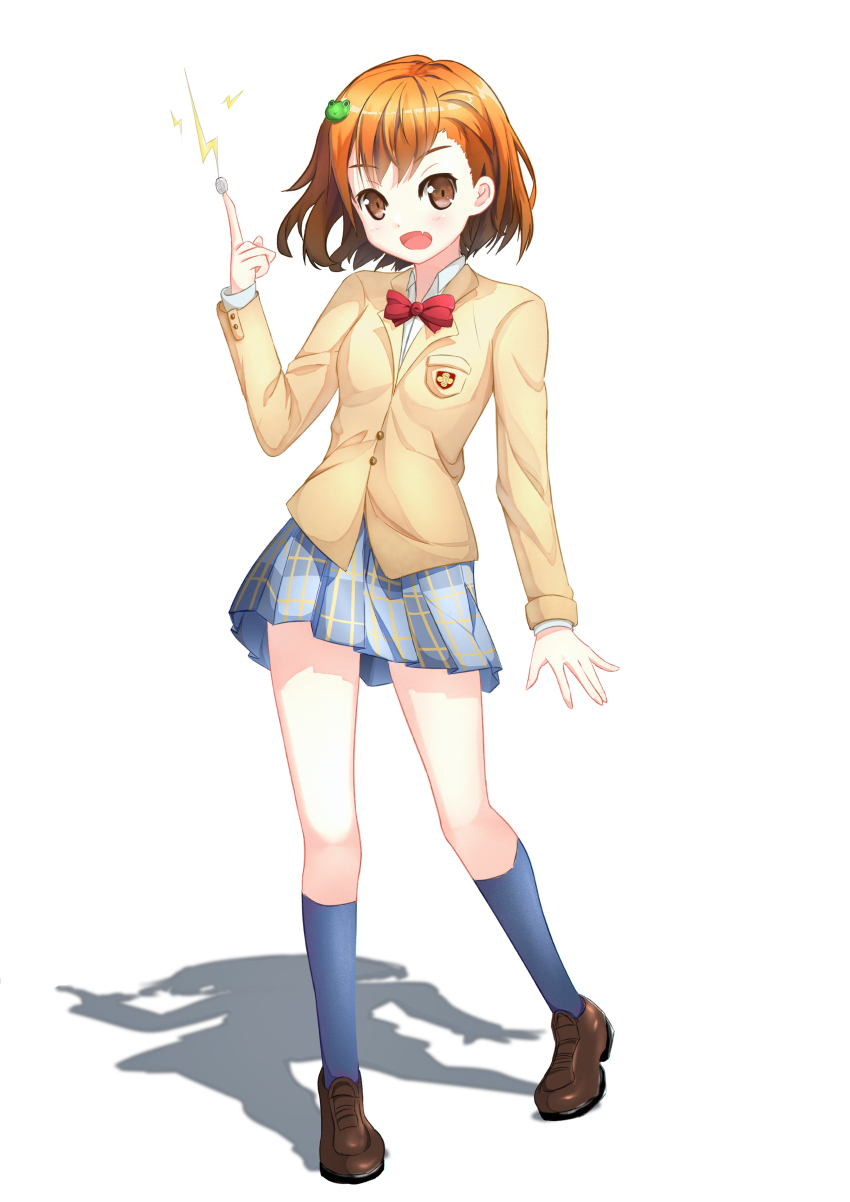 1girl absurdres arm_at_side asymmetrical_bangs blazer blue_skirt blue_socks bobfeng bow bowtie breast_pocket breasts brown_eyes brown_hair brown_shoes buttons chinese_commentary coin collared_shirt commentary_request electricity electrokinesis fang frog_hair_ornament full_body gekota hair_ornament hand_up heel_up highres index_finger_raised jacket kneehighs lightning_bolt_symbol loafers long_sleeves miniskirt misaka_mikoto open_mouth partial_commentary plaid_clothes plaid_skirt pleated_skirt pocket railgun_(misaka_mikoto) red_bow red_bowtie school_emblem school_uniform shadow shirt shoes short_hair simple_background skirt small_breasts socks solo standing toaru_kagaku_no_railgun toaru_majutsu_no_index tokiwadai_school_uniform white_background white_shirt winter_uniform yellow_jacket