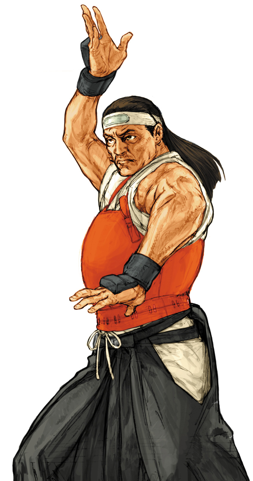 1boy armor black_hair black_pants breastplate capcom_vs_snk_2 dougi fighting_stance game_cg gloves headband highres long_hair male_focus nishimura_kinu non-web_source official_art pants ryuuko_no_ken snk solo toudou_ryuuhaku