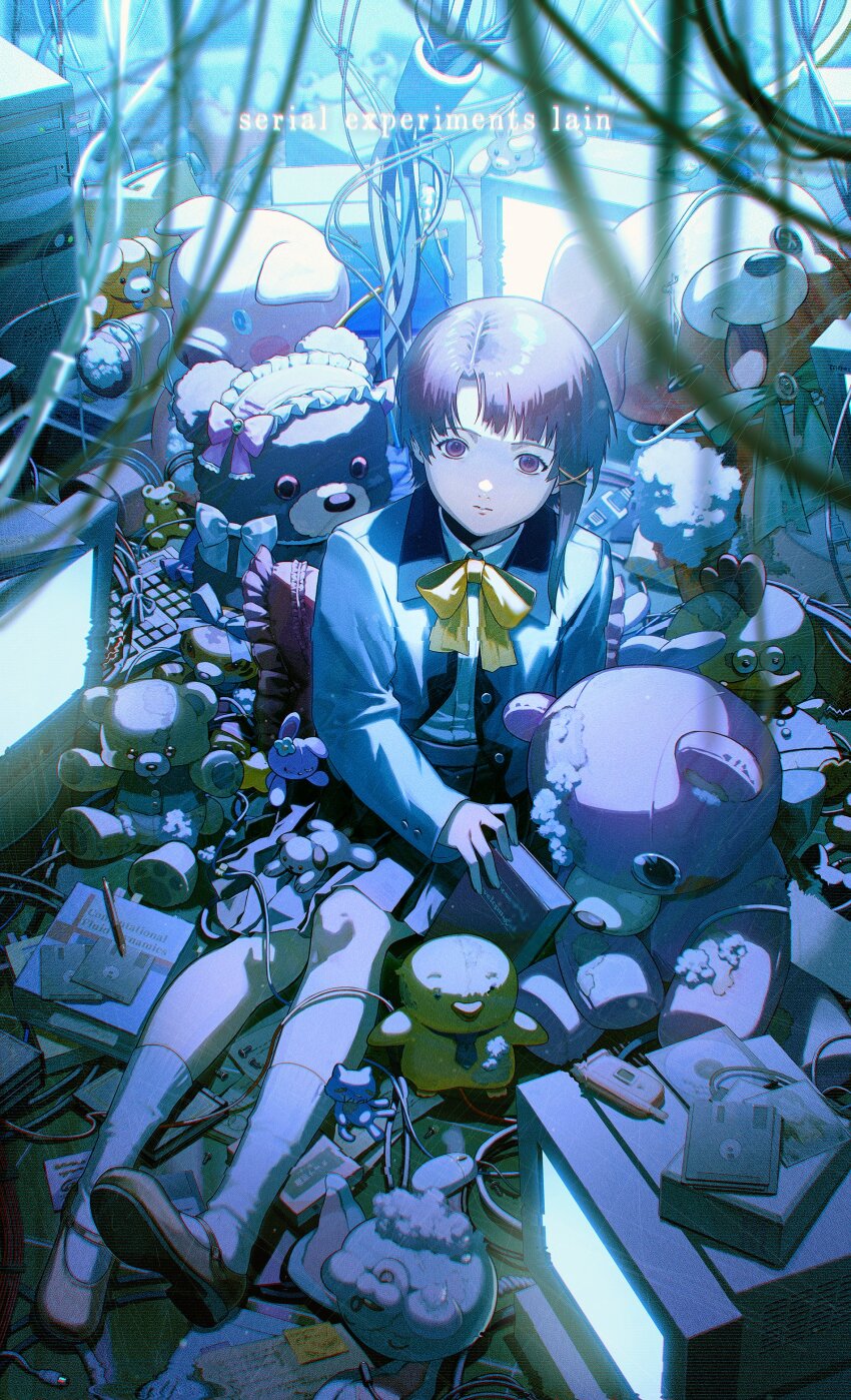 1girl absurdres black_skirt blurry book bow bowtie brown_eyes brown_hair cable closed_mouth collared_shirt computer_keyboard crt depth_of_field expressionless full_body grey_jacket hair_ornament hairband highres holding holding_book indoors iwakura_lain jacket kneehighs lolita_hairband looking_at_viewer mary_janes messy_room nshi pleated_skirt serial_experiments_lain shirt shoes short_hair sitting skirt socks solo static stuffed_animal stuffed_dog stuffed_duck stuffed_toy teddy_bear white_shirt x_hair_ornament yellow_bow yellow_bowtie