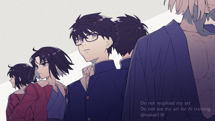 1girl 4boys abs black_eyes black_hair blue_kimono dual_persona expressionless glasses highres jacket japanese_clothes kara_no_kyoukai kimono looking_at_another melty_blood multiple_boys nakatani_(naka6130) nanaya_shiki open_clothes open_kimono pectorals red_jacket ryougi_shiki ryougi_shiki_(male_persona) school_uniform tohno_shiki tohno_shiki_(2) tsukihime white_hair