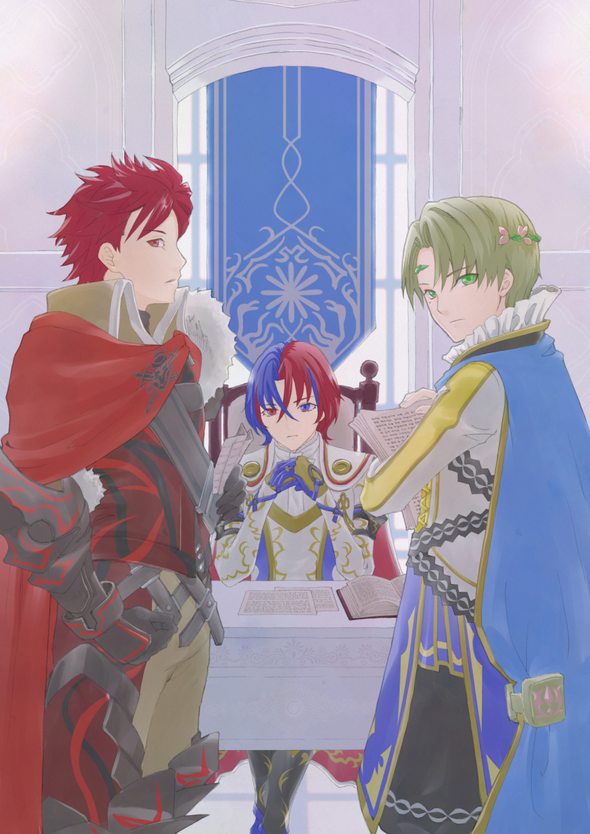3boys alfred_(fire_emblem) blonde_hair blue_eyes blue_hair crossed_bangs diamant_(fire_emblem) fire_emblem fire_emblem_engage green_eyes heterochromia highres male_alear_(fire_emblem) multicolored_hair multiple_boys nintendo red_eyes red_hair split-color_hair toki_(xxxxxmoe1983oct) two-tone_hair