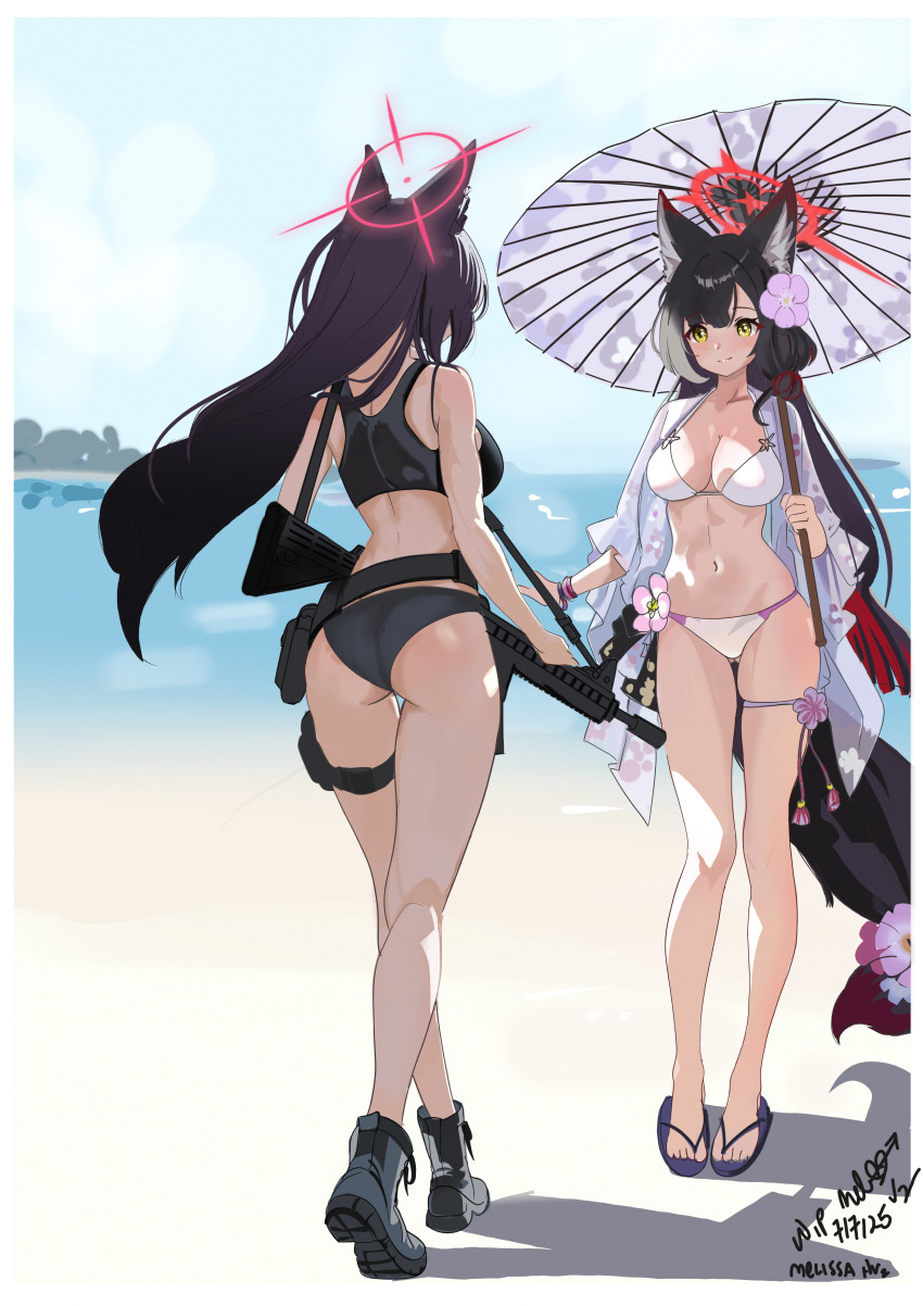 2girls absurdres alternate_costume animal_ear_fluff animal_ears ass assault_rifle bikini black_bikini black_boots blue_archive blush boots border breasts cleavage closed_mouth commentary day english_commentary floating_hair flower fox_ears fox_girl fox_tail from_behind full_body gluteal_fold gun h&amp;k_hk416 hair_flower hair_ornament halo highres holding holding_umbrella large_breasts legs long_hair melissa_v2 multiple_girls navel ocean official_alternate_costume oil-paper_umbrella outdoors pink_flower pink_halo red_halo rifle signature skindentation smile species_connection split_mouth sports_bikini standing stomach swimsuit tail tail_flower tail_ornament thigh_gap thigh_strap thighs trait_connection umbrella very_long_hair wakamo_(blue_archive) wakamo_(swimsuit)_(blue_archive) weapon white_bikini white_border yukino_(blue_archive)