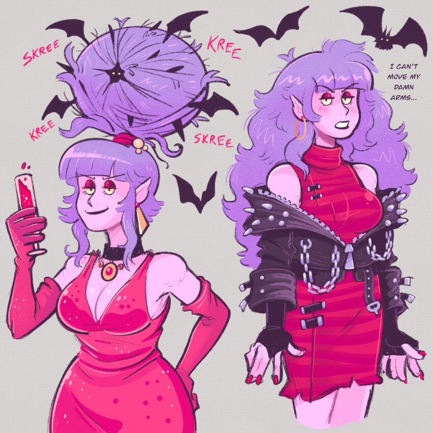 1girl alcohol bare_shoulders bat_(animal) black_choker breasts choker cleavage colored_skin commentary cup dress drinking_glass earrings english_commentary english_text gloves highres hoop_earrings jewelry long_hair medium_breasts mostlyghostly multiple_views original pink_skin pointy_ears purple_hair red_dress red_gloves red_nails red_wine simple_background speech_bubble spiked_jacket upper_body very_long_hair wine wine_glass