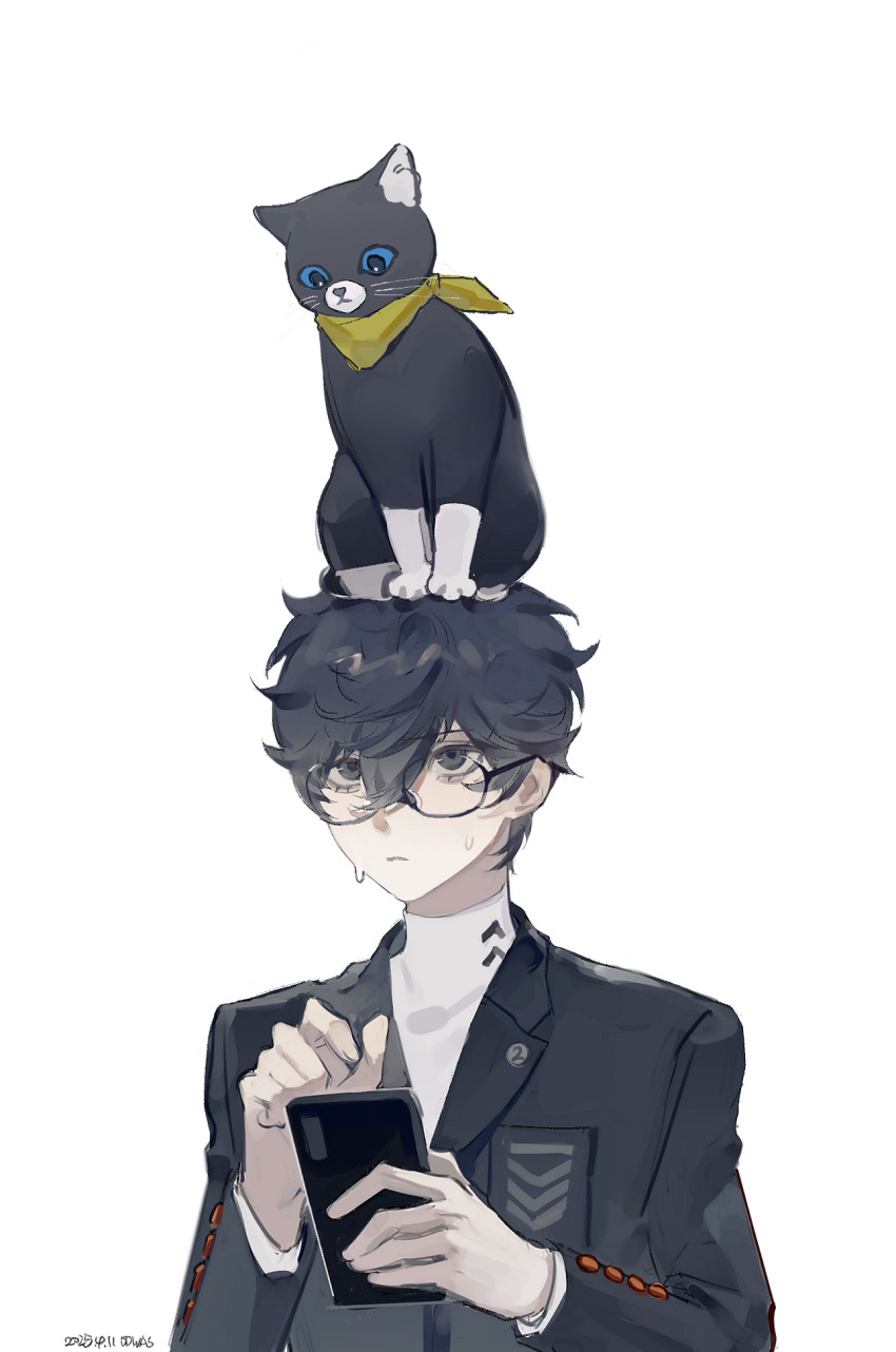0dwas 1boy amamiya_ren bandana bandana_around_neck black-framed_eyewear black_hair black_jacket blue_eyes chinese_commentary closed_mouth commentary_request eyelashes glasses grey_eyes hair_between_eyes highres holding holding_phone jacket lapels layered_sleeves long_sleeves looking_up male_focus morgana_(cat)_(persona_5) morgana_(persona_5) nervous_sweating notched_lapels on_head persona persona_5 phone shirt sitting sitting_on_head sitting_on_person suit_jacket sweat tuxedo_cat whiskers white_shirt yellow_bandana