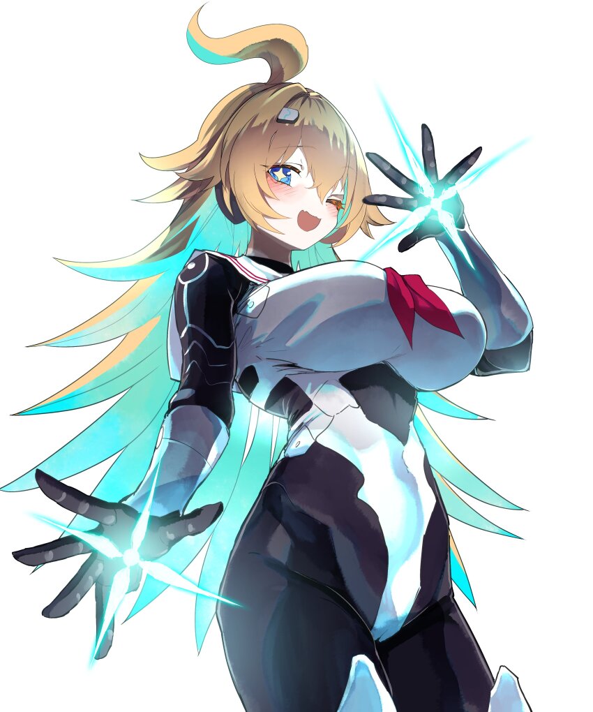 1girl absurdres blonde_hair blue_eyes breasts commentary_request green_hair hair_between_eyes highres large_breasts mechanical_arms mechanical_hands mechanical_legs multicolored_hair navel one_eye_closed ralmia_(shadowverse) robot_girl shadowverse shadowverse:_worlds_beyond shigurio simple_background solo two-tone_hair white_background