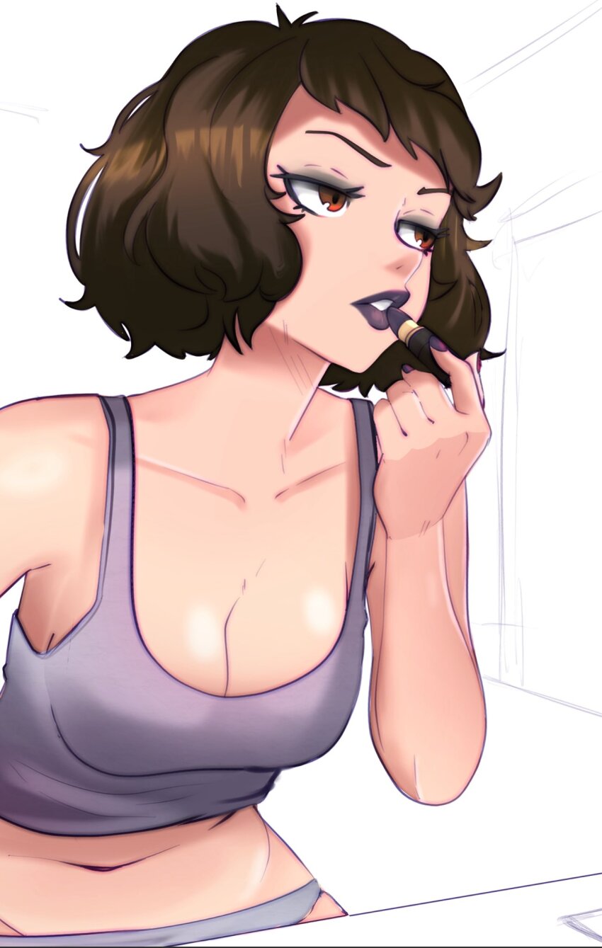 1girl bare_shoulders blysill breasts brown_hair collarbone highres kawakami_sadayo lips lipstick makeup navel persona persona_5 short_hair solo stomach