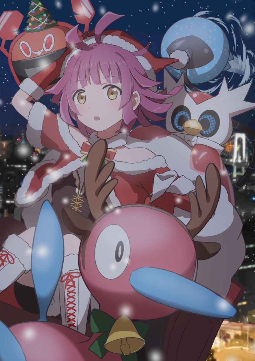 1girl ahoge animal_ear_hairband animal_ears black_shirt blunt_bangs blunt_ends blurry blurry_background boots brown_hairband capelet crossover deer_ears fake_animal_ears fake_antlers feet_out_of_frame fur-trimmed_capelet fur_trim gen_2_pokemon gen_4_pokemon gloves hairband hashtag-only_commentary hat highres iron_bundle kishimen_hair lace-up_boots looking_at_viewer love_live! love_live!_nijigasaki_high_school_idol_club medium_hair nintendo open_mouth orange-pengin pink_hair pokemon pokemon_(creature) porygon2 red_capelet red_gloves rotom rotom_(heat) sack santa_hat shirt short_sleeves sitting sleigh tennoji_rina white_footwear yellow_eyes