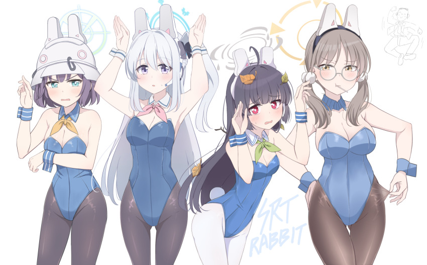 1boy 4girls adapted_costume animal_ears arms_up bare_arms bare_shoulders black_hair blue_archive blue_eyes blue_leotard blush bow bowtie breasts brown_eyes brown_hair candy cleavage cowboy_shot detached_collar doodle_sensei_(blue_archive) eating fake_animal_ears food glasses gundam_v hair_ornament hairclip halo hat headgear helmet highres hoshino_ouka large_breasts leaf leaf_on_head leotard lollipop long_hair looking_at_viewer medium_breasts miyako_(blue_archive) miyu_(blue_archive) moe_(blue_archive) multiple_girls one_side_up pantyhose playboy_bunny rabbit_ears rabbit_pose rabbit_tail red_eyes saki_(blue_archive) sensei_(blue_archive) short_hair side_ponytail small_breasts strapless strapless_leotard tail twintails uso_ewin white_hair white_pantyhose wrist_cuffs