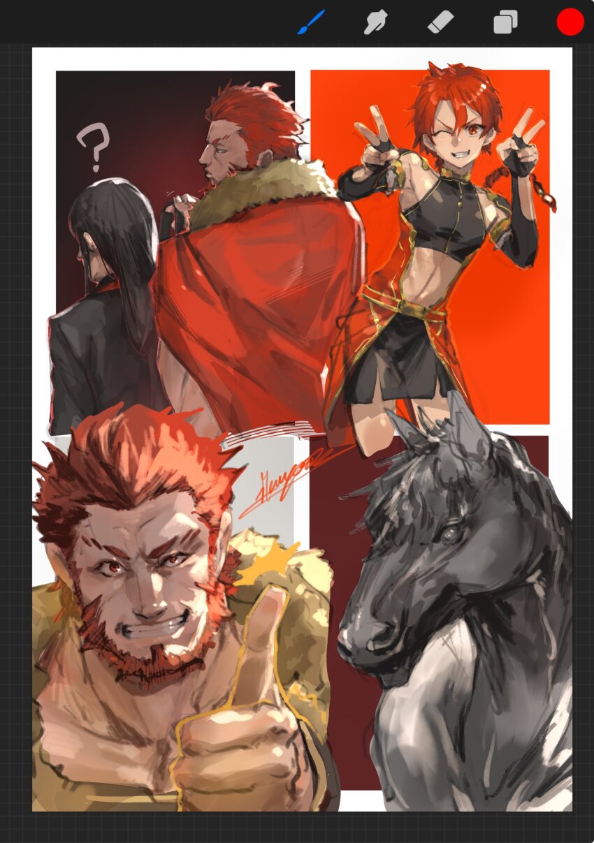 2boys ? age_comparison alexander_(fate) art_program_in_frame beard black_hair black_horse braid cape crop_top double_v facial_hair fate/grand_order fate/zero fate_(series) gloves hair_between_eyes highres ikuyoan iskandar_(fate) loincloth long_hair looking_at_viewer lord_el-melloi_ii male_focus midriff multiple_boys multiple_views navel one_eye_closed open_mouth red_eyes red_facial_hair red_hair short_hair single_braid smile thumbs_up v waver_velvet